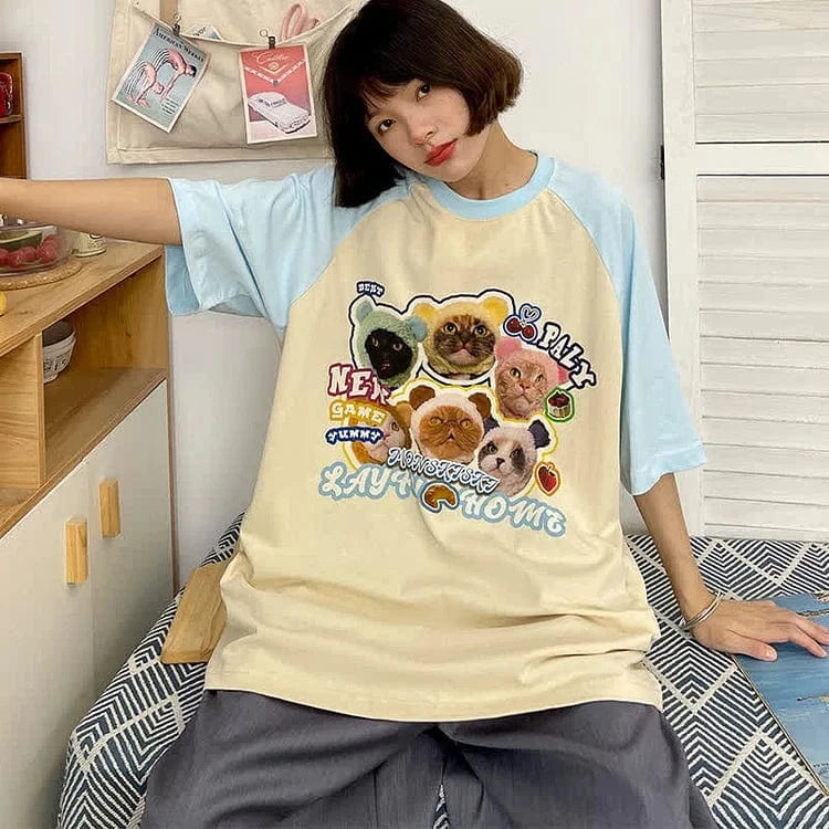 Kitty Letter Print Round Neck Colorblock T-Shirt Meowhiskers