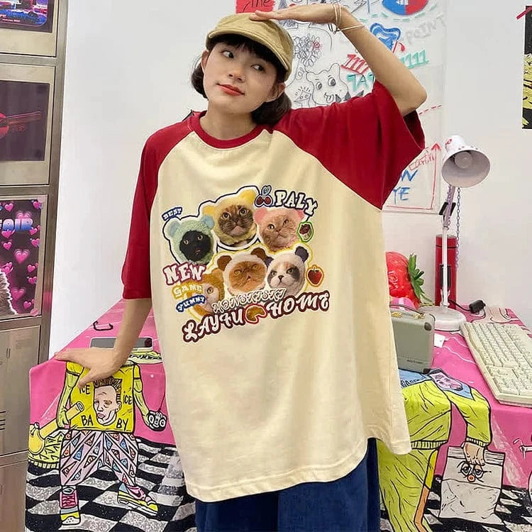 Kitty Letter Print Round Neck Colorblock T-Shirt Meowhiskers