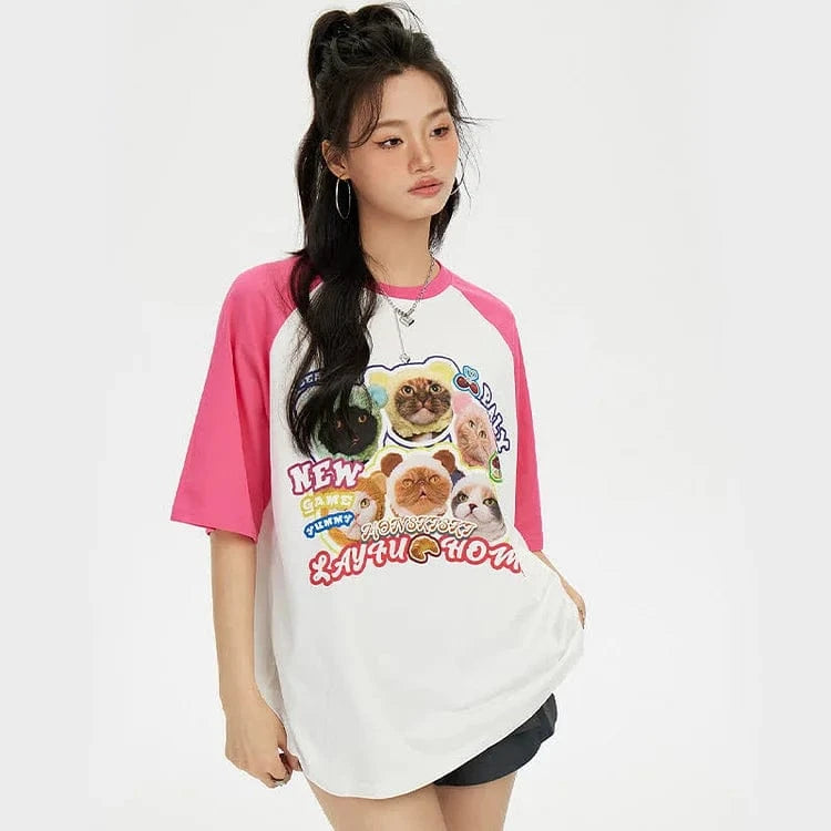 Kitty Letter Print Round Neck Colorblock T-Shirt Meowhiskers