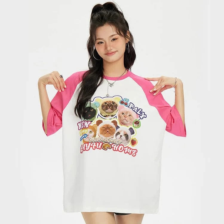 Kitty Letter Print Round Neck Colorblock T-Shirt Meowhiskers