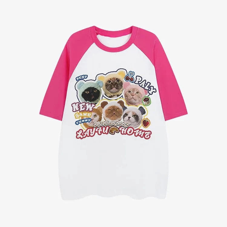 Kitty Letter Print Round Neck Colorblock T-Shirt Meowhiskers