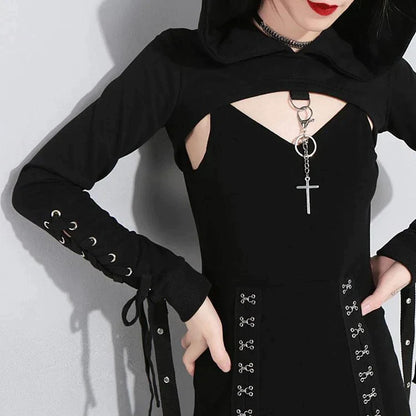 Gothic Hollow Lace Up Sweatshirt Split Long Dress Two Piece Set