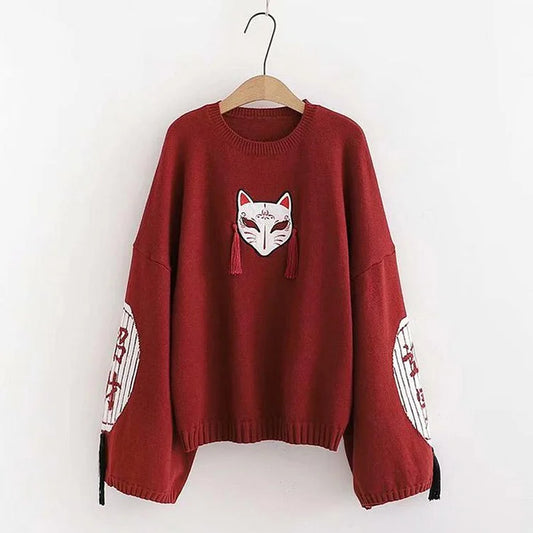 Cartoon Fox Embroidery Tassels Letter Pullover Sweater