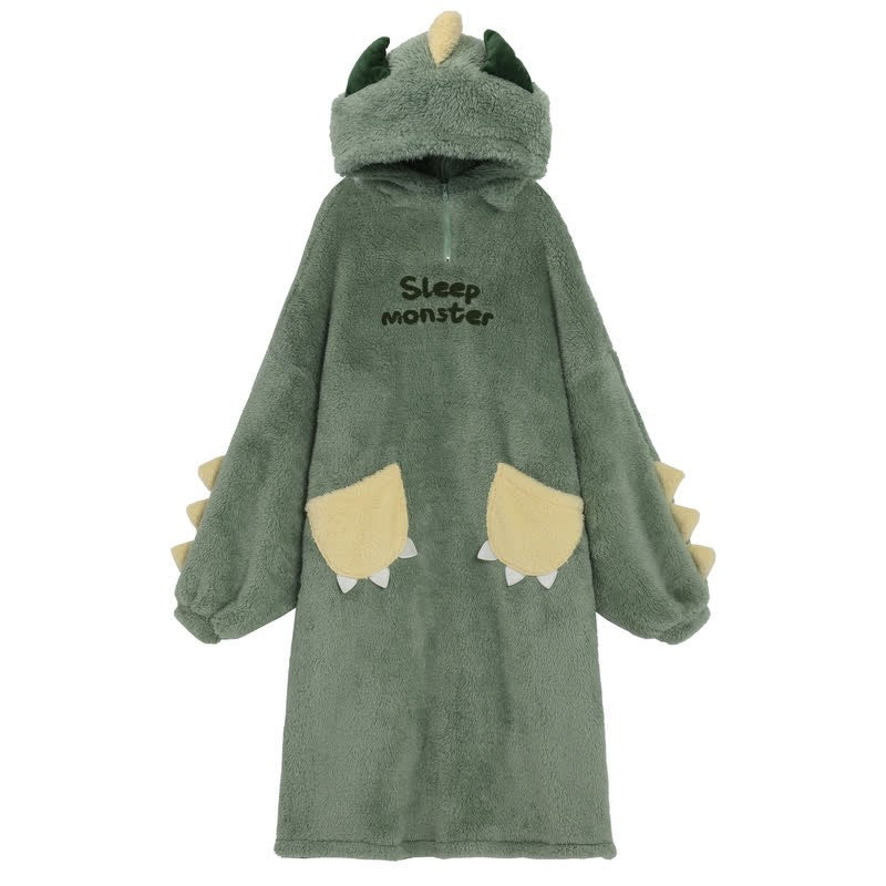 Cartoon Squirrel Monster Letter Plush Hooded Jumpsuit Pajamas Dress