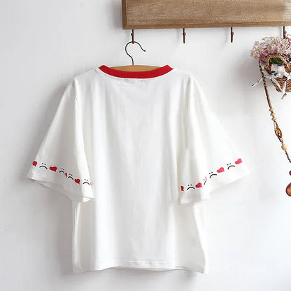Cartoon Emoji Print T-Shirt Love Heart Embroidery Ribbon Shorts