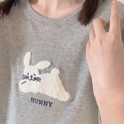 Pure Color Bunny Letter Embroidery Round Neck T-Shirt