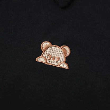 Bear Embroidery Crop Top Polo Collar T-Shirt
