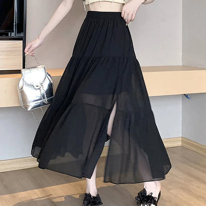 Chic High Waist Pleated Split A-line Long Skirt