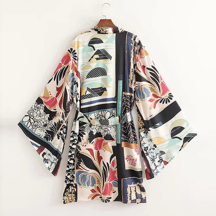 Vintage Floral Colorblock Print Robe Cardigan Kimono Outerwear Wide Leg Pants