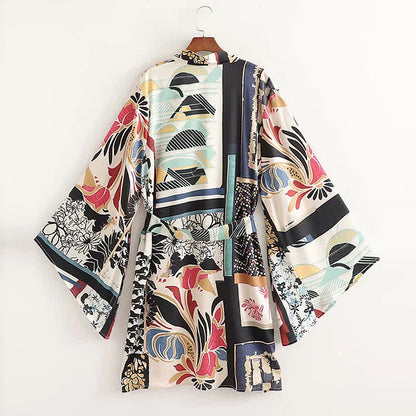 Vintage Floral Colorblock Print Robe Cardigan Kimono Outerwear Wide Leg Pants