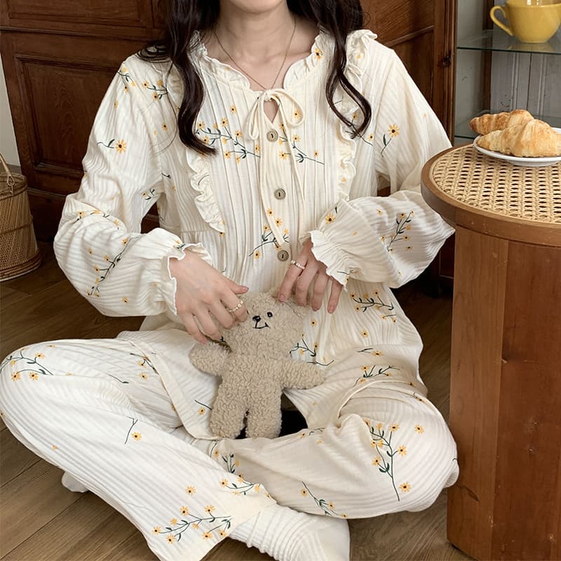 Kawaii Sunflower Print Cotton Pajamas Set