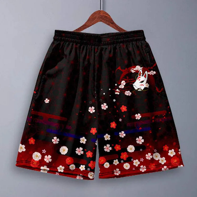 Vintage Sakura Fox Print Casual Shorts