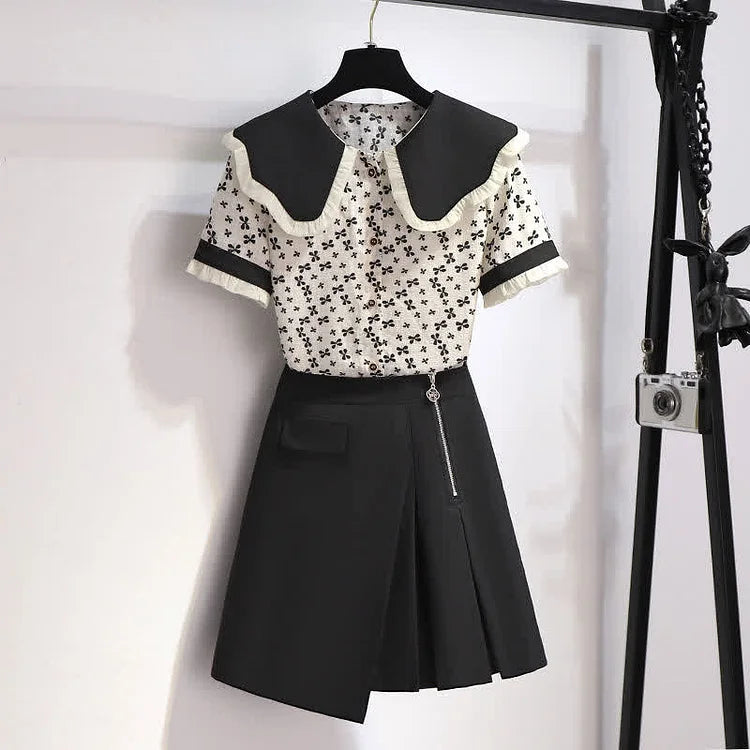 Doll Collar Floral Print T-Shirt Zipper Pleated Skirt