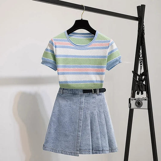 Colorblock Striped Round Neck Knitted T-Shirt Pleated Denim Skirt
