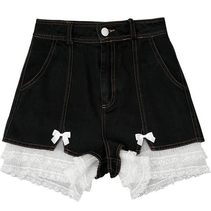 Lace Stitching Bowknot High Waist Denim Shorts