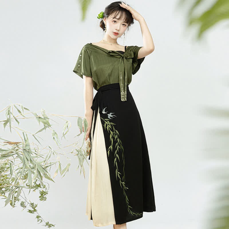 Vintage Leaves Embroidery T-Shirt Cami Top Skirt