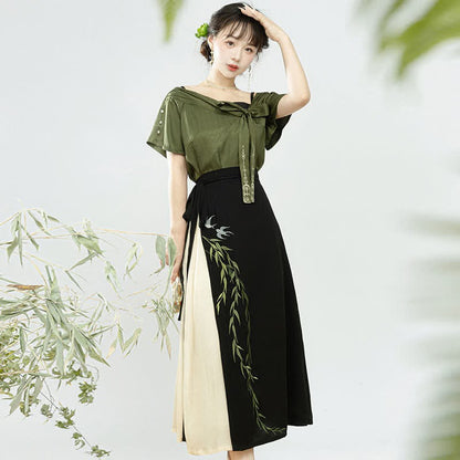 Vintage Leaves Embroidery T-Shirt Cami Top Skirt