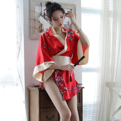 Japanese Kimono Floral Cosplay Silk Lingerie Dress