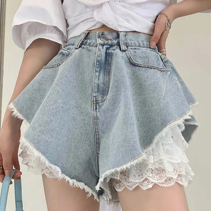 Chic High Waist Lace Undershorts Denim Shorts