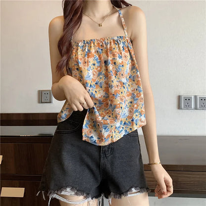 Floral Print Backless Halter Lace Up Camisole Top