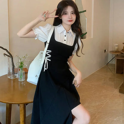 Irregualar Lapel Collar Puff Sleeve Lace Up Fake Two Piece Dress