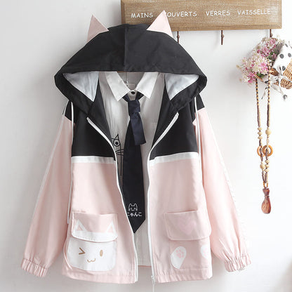 Japanese Cartoon Kitty Paws Letter Print Hooded Jacket Outerwear
