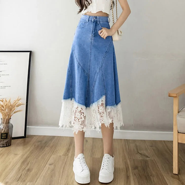High Waist Floral Lace Stitching A-line Denim Skirt
