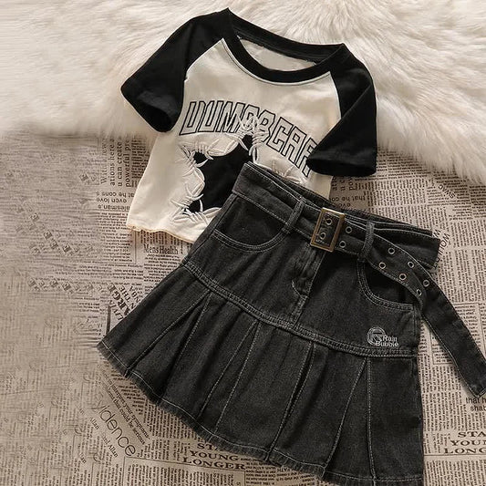 Knitted Star Letter Embroidery Crop Top T-Shirt Belted Pleated Denim Skirt