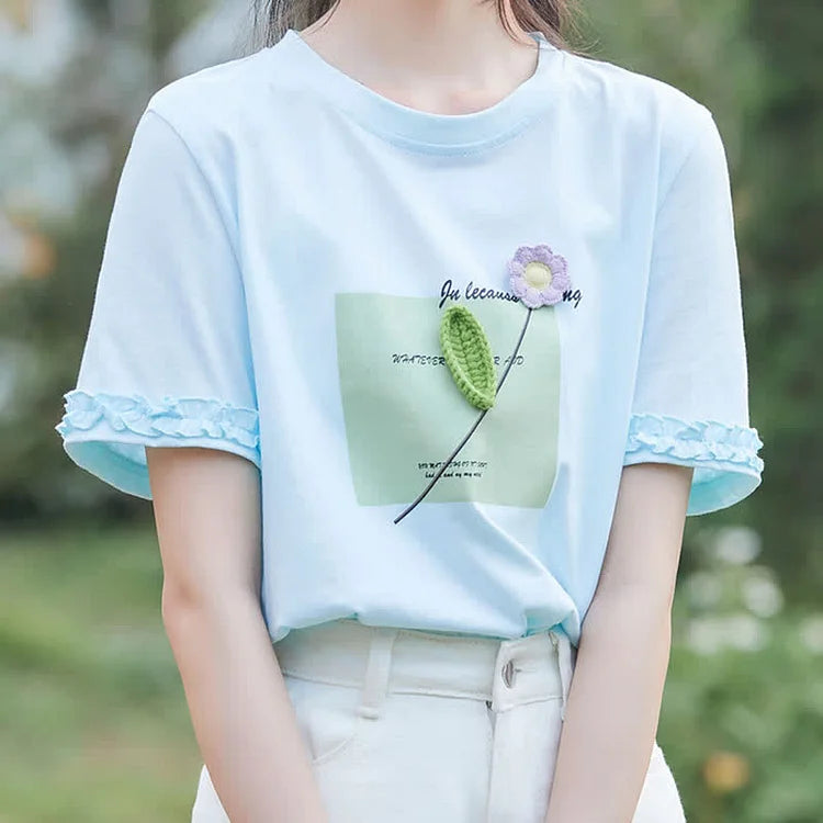 3D Blossom Embroidery Letter Print Round Neck Floral T-shirt