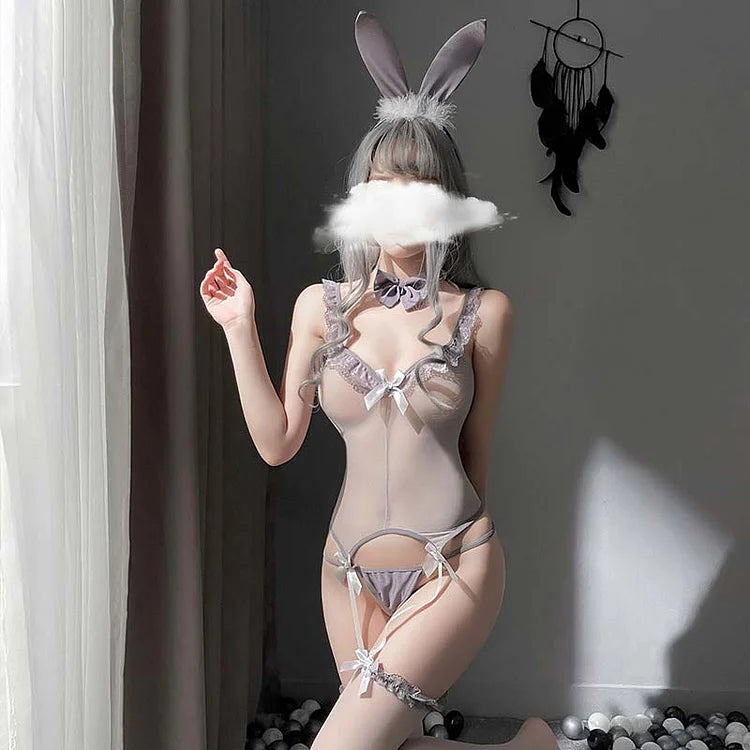 Sexy Cute Ruffle Rabbit Ears Bow Strap Stockings Lingerie