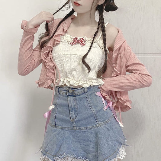 Chic Ribbon Top Cardigan Lace Up Pleated Denim Mini Skirt