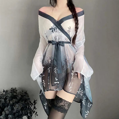 Ink Painting Print See Through Cosplay Kimono Dress Lingerie