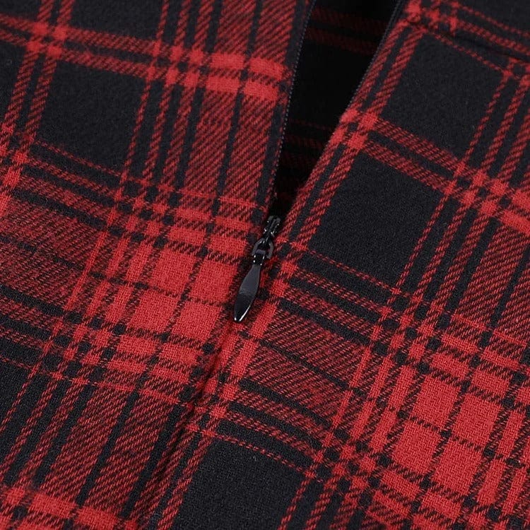 Off-Shoulder Plaid Red Dress Meowhiskers