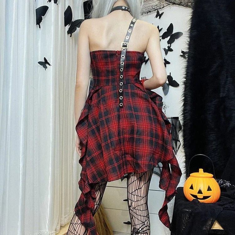 Off-Shoulder Plaid Red Dress Meowhiskers