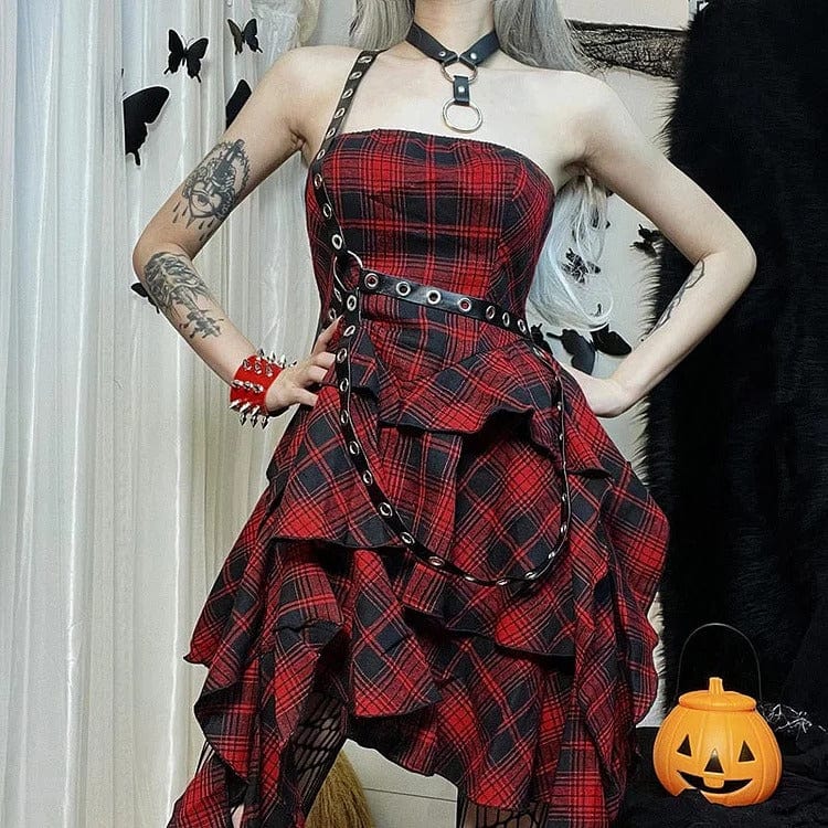 Off-Shoulder Plaid Red Dress Meowhiskers