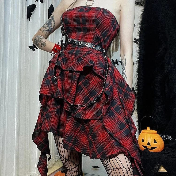 Off-Shoulder Plaid Red Dress Meowhiskers