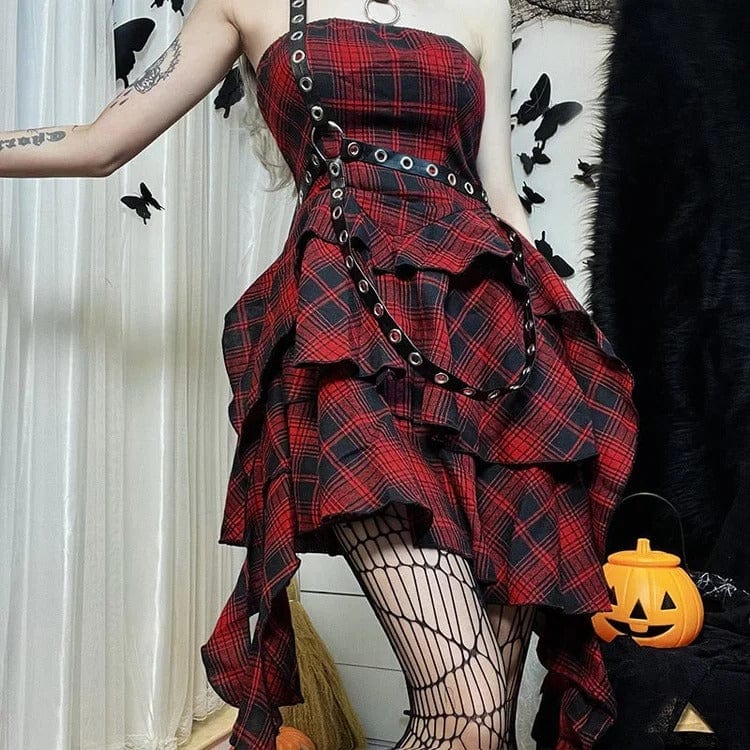 Off-Shoulder Plaid Red Dress Meowhiskers