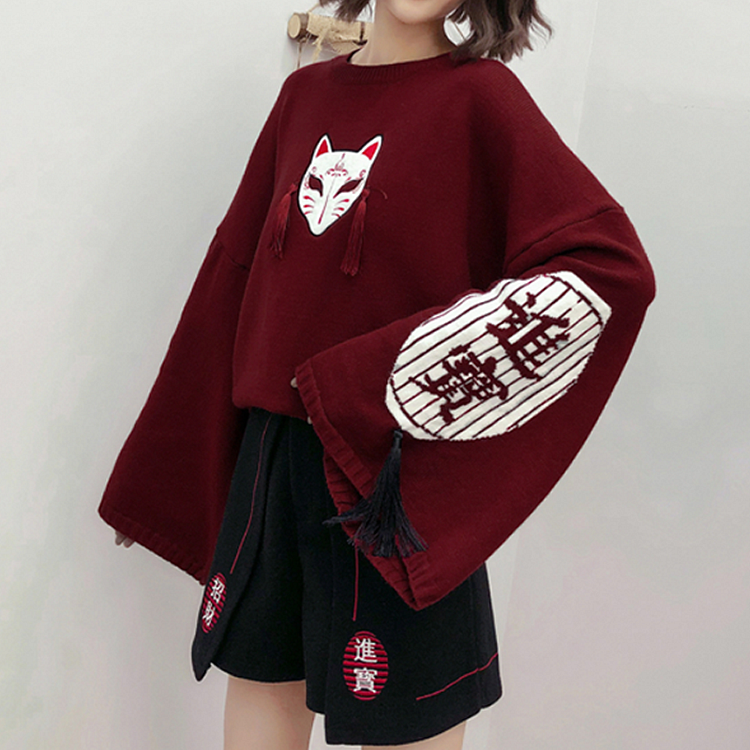Cartoon Fox Embroidery Tassels Letter Pullover Sweater