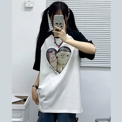 Love Heart Kitty Letter Print Round Neck Colorblock T-Shirt