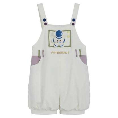 Cartoon Astronaut Bear Letter Print Striped T-Shirt Overalls Shorts