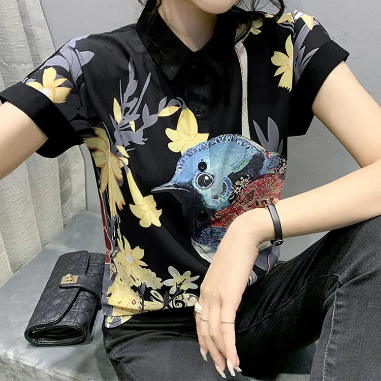 Chic Bird Floral Print Chiffon T-Shirt Casual Shorts