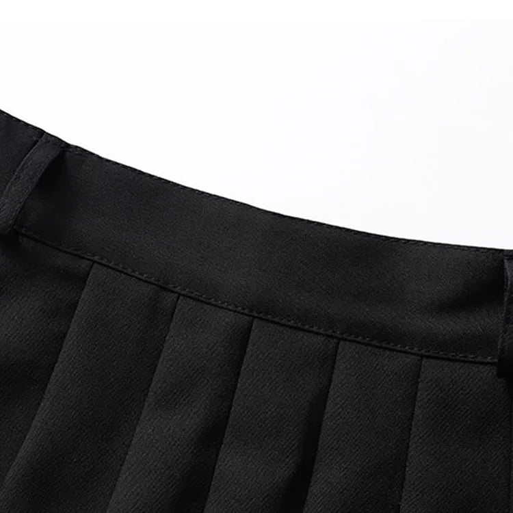 Street Off Shoulder Buckle Strap Zipper Crop Top Belted Pleated Skirt