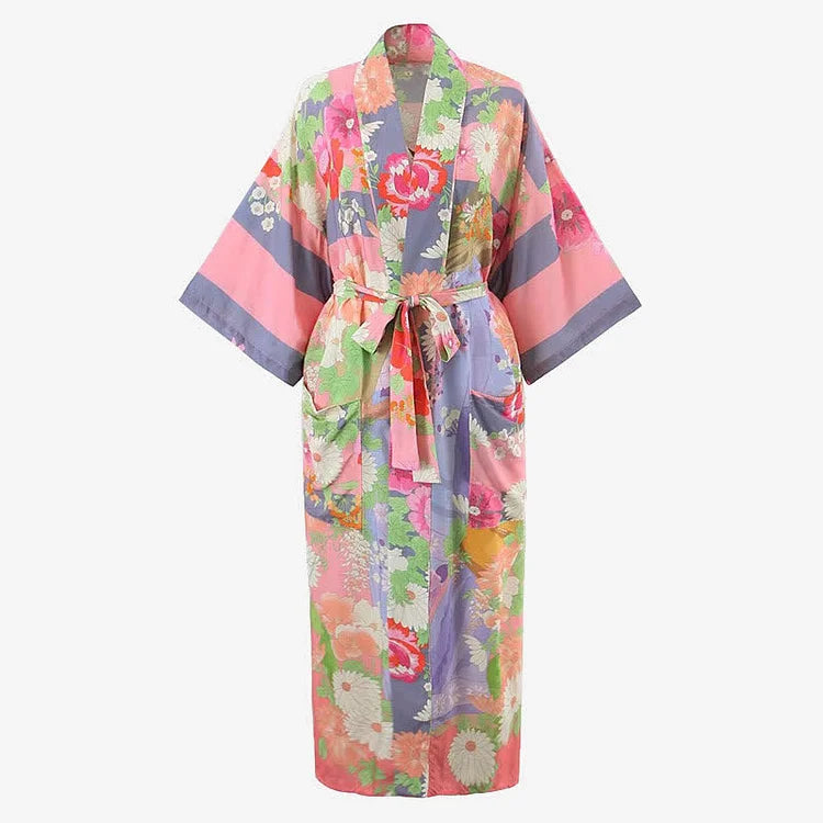 Vintage Floral Print Colorblock Robe Cardigan Kimono Outerwear