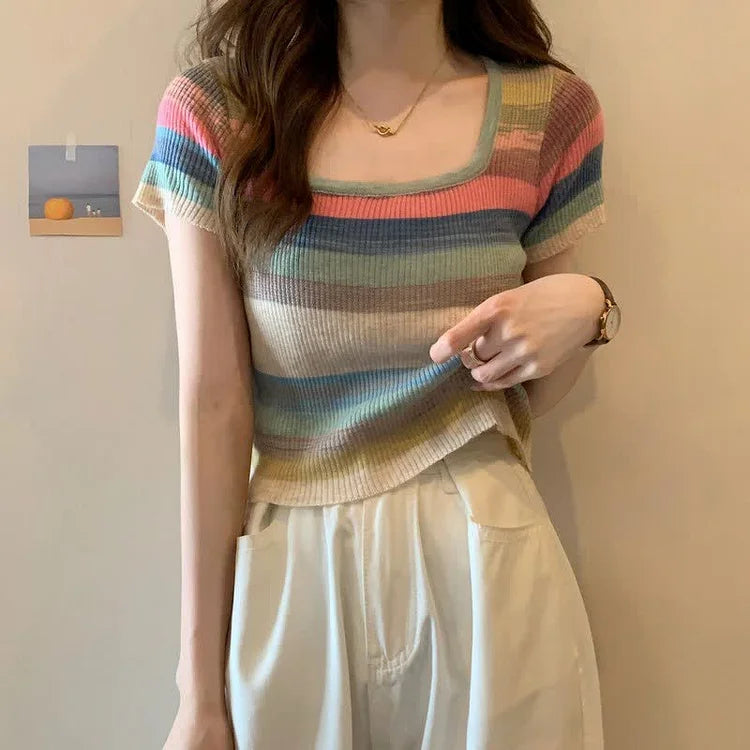 Chic Rainbow Striped Colorblock Short Sleeve T-Shirt