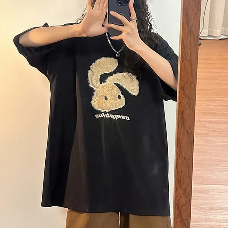Cartoon Rabbit Letter Embroidery Round Neck T-Shirt
