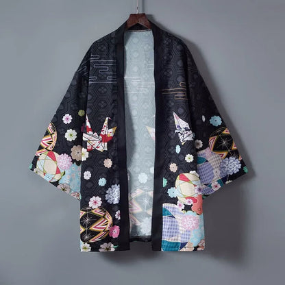 Vintage Paper Crane Blossom Print Cardigan Kimono Outerwear