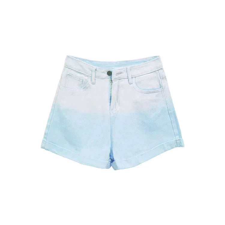 Chic Gradient Color Lapel Shirt Cami Top Denim Shorts