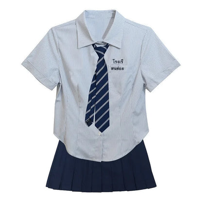 Letter Embroidery Striped Tie Polo T-Shirt Pleated Skirt JK Uniform