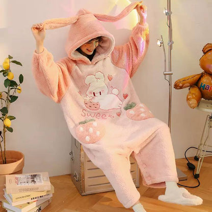 Cartoon Strawberry Bunny Letter Embroidery Pockets Plush Hooded Jumpsuit Pajamas