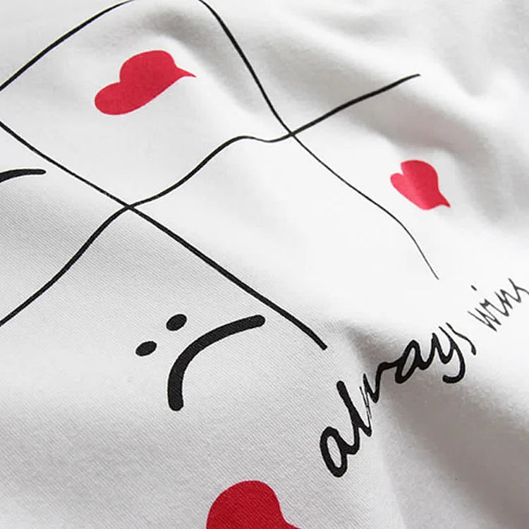 Cartoon Emoji Print T-Shirt Love Heart Embroidery Ribbon Shorts